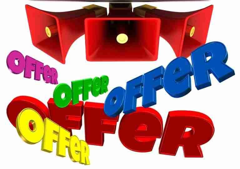 Colorful text spelling "offer" multiple times in 3d fonts with a red open wallet in the background, suggesting a promotional sale or special deal.