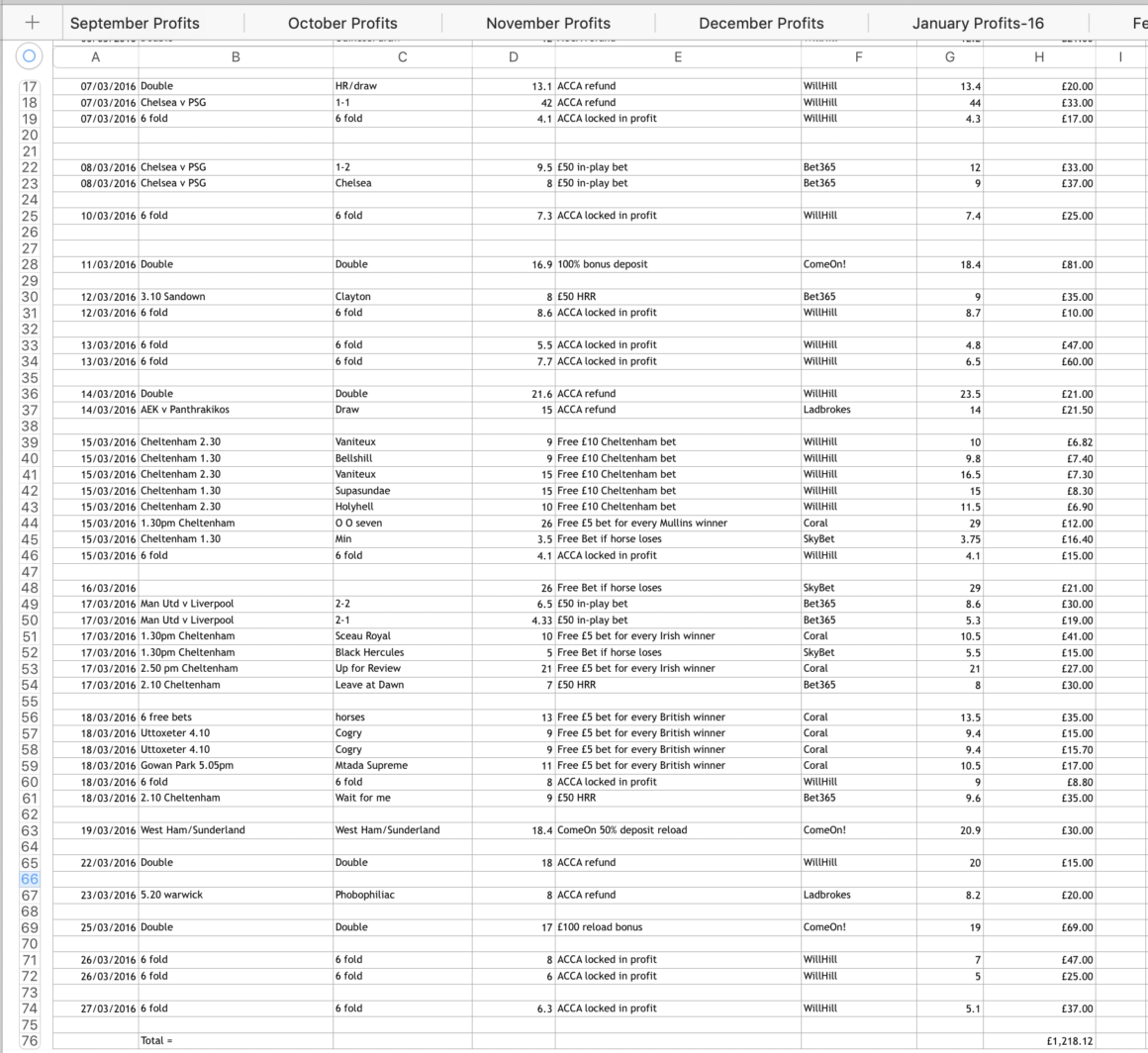 The image shows a matched betting spreadsheet with multiple columns, detailing monthly profits from September to January. Each row seems to represent different transactions or entries with respective profits, and there are various notes and comments pertaining